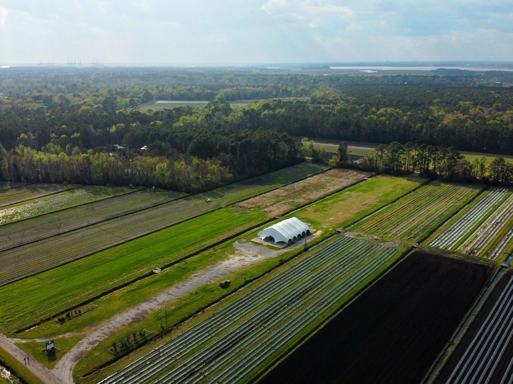 Aerial view of agricultural land plots and fields